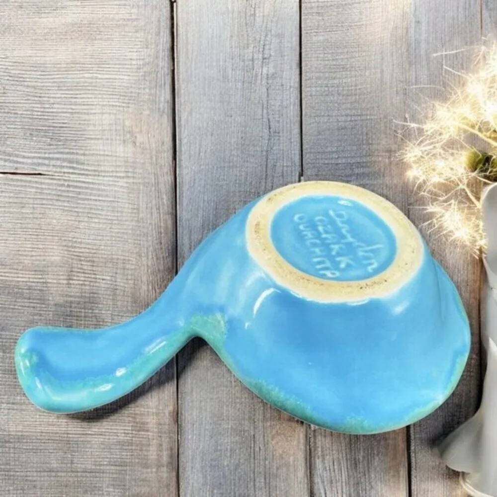 Vintage Dryden Pottery Ashtray Dish Blue Glazed Signed Spoon Shaped‎ Decor VTG